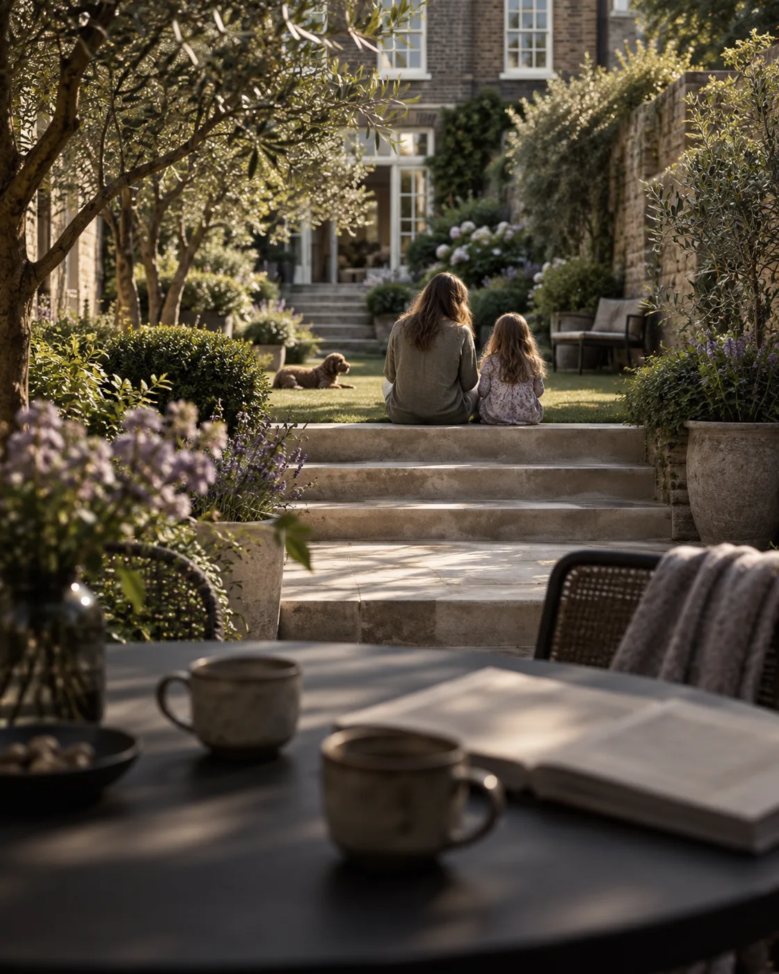 A mother and daughter sharing a quiet moment in a sunlit garden.